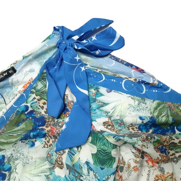 Sheilay Blouse Womens Small Blue Floral Cold Shoulder Bell Sleeve Top New - Picture 11 of 16